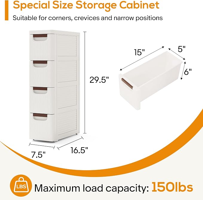 4 Drawers Slim Bathroom Storage Cabinet Dresser, Narrow Plastic Rolling Cart - Image 2