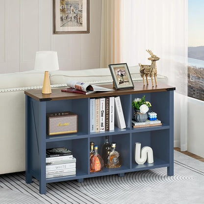 6 Cube Bookcase, Farmhouse Wood Low Storage Organizer Book Shelf, Hallway Book - Image 7