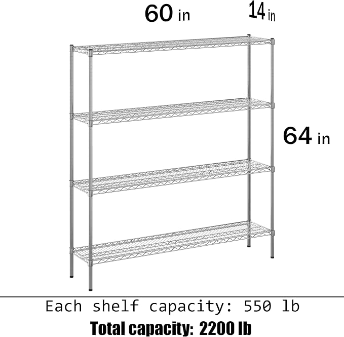 14" Deep x 60" Wide x 64" Height Wire Shelving Kit | 4-Tier | NSF Commercial - Image 3
