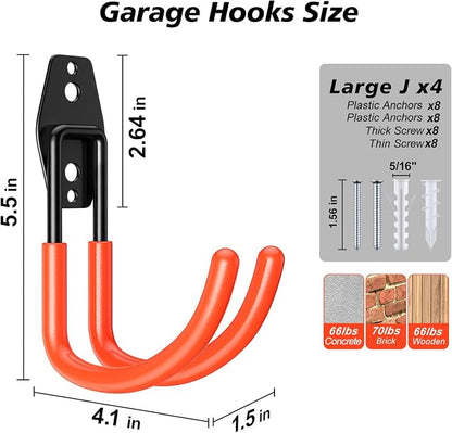 4 Pack Heavy Duty Garage Hooks, Solid Steel Wall Mount Hangers, - Image 2