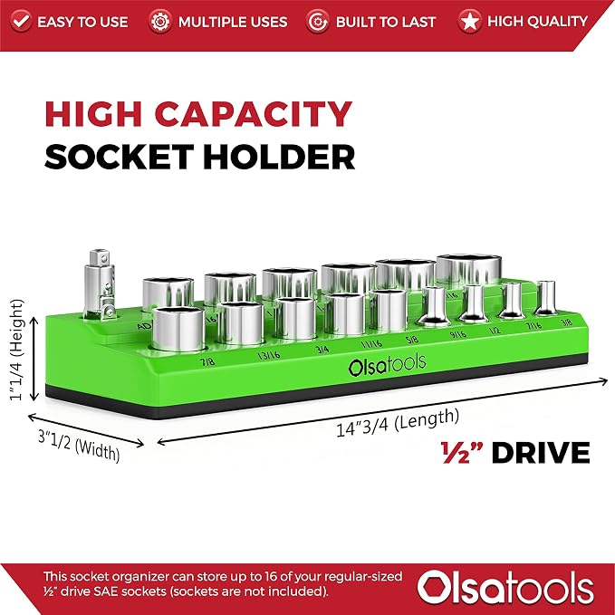 Olsa Tools Magnetic Socket Organizer | 1/2-inch Drive | SAE | Green | Holds 16 - Image 3
