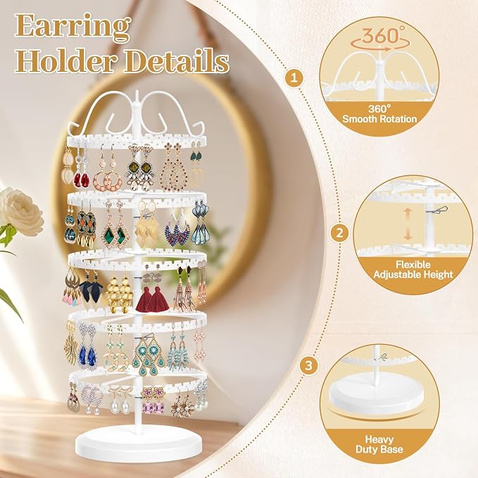 MODOWEY 5 Tier Rotating Earring Holder Organizer Stand, Adjustable Metal - Image 5