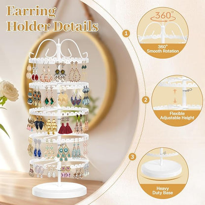 MODOWEY 5 Tier Rotating Earring Holder Organizer Stand, Adjustable Metal - Image 5