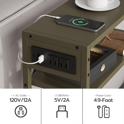 Green Side Table with Charging Station, Slim End Tables with Linen Basket - Image 5