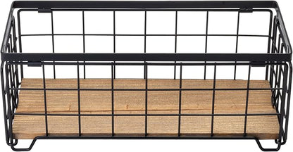 Metal Wire Storage Basket, Toilet Paper Roll Holder Wood Base Countertop Decor - Image 4