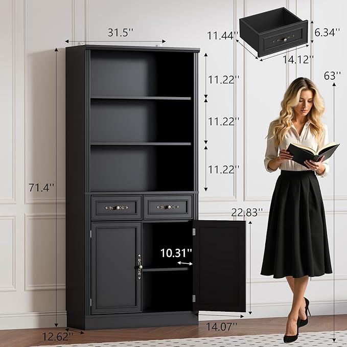 71.4" Tall Bookshelf with Drawers & Cabinet, 5-Tier Floor Standing Bookcase - Image 2