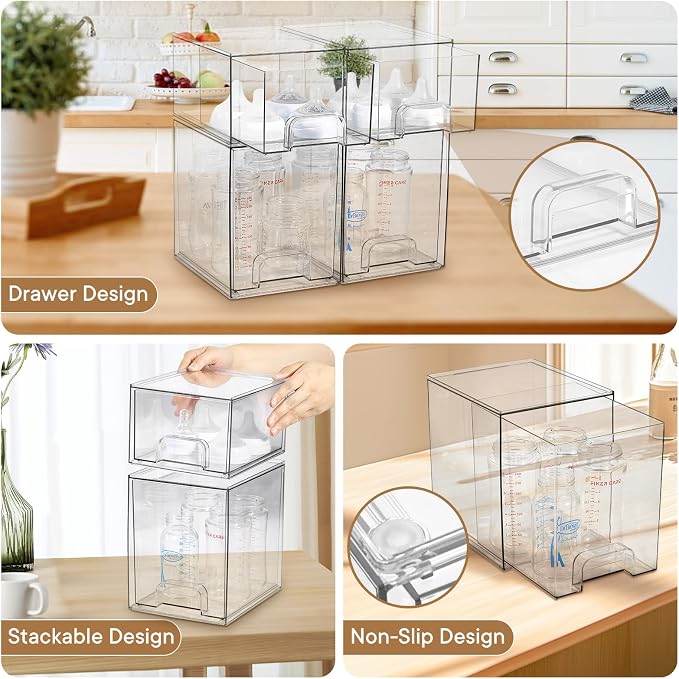 Baby Bottle Organizer, 4 Pack Clear Space-Saving Stackable Drawer - Image 6