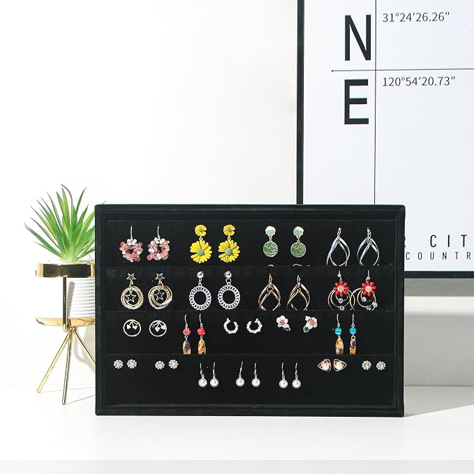 Coward 2PC Black Velvet Stackable Earring Tray Drawer Jewelry Holder Organizer - Image 4