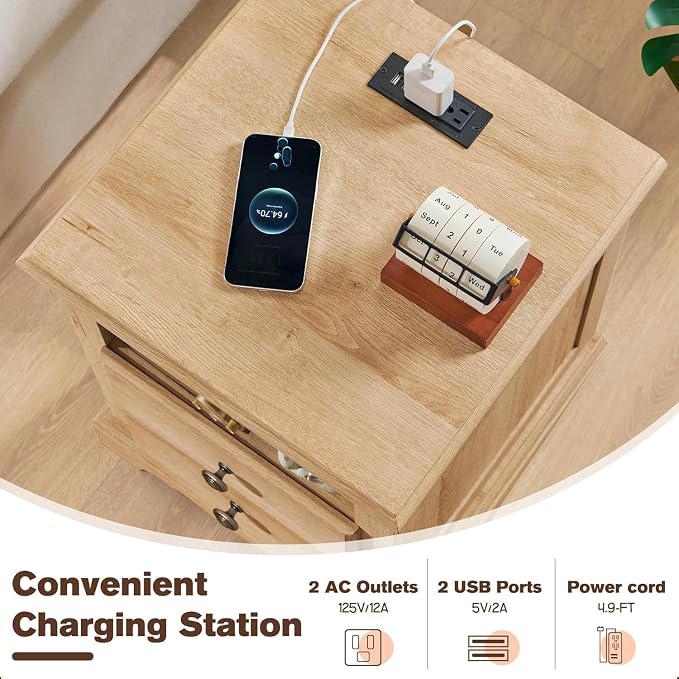T4TREAM Nightstand with Charging Station, 18 Inch Vintage End Table with 2 - Image 3