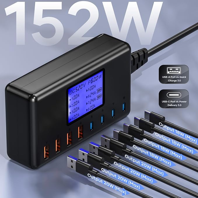 152W Charging Station, 8-Port Desktop USB-C & USB-A Charger Hub, 20W 4xUSB-C & - Image 2