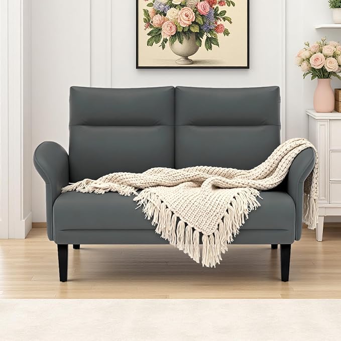 Faux Leather Loveseat with Wide Armrests, Symmetrical Shawl Arm 2-Seater Sofa by Tbillionnext