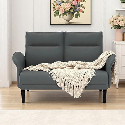 Faux Leather Loveseat with Wide Armrests, Symmetrical Shawl Arm 2-Seater Sofa by Tbillionnext