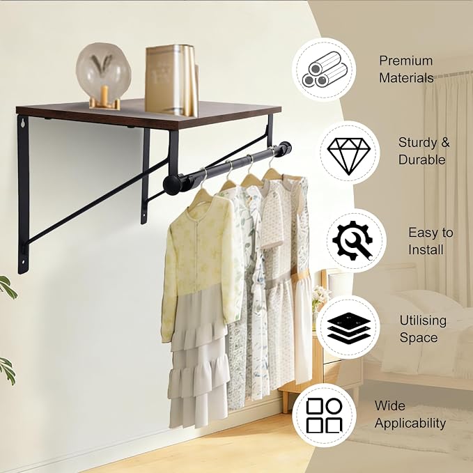 Wall Mounted Shelf with Hanging Rod, Laundry Room Shelves, Space Saving - Image 3