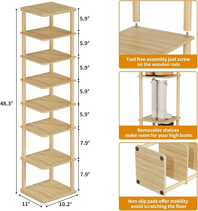 8 Tiers Vertical Shoe Rack Tall Narrow Shoe Tower Corner Shoe Rack, Natural | - Image 2