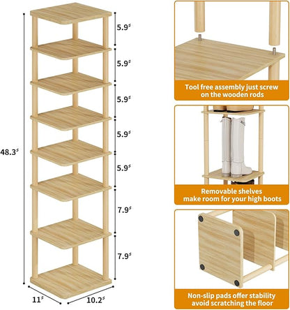 8 Tiers Vertical Shoe Rack Tall Narrow Shoe Tower Corner Shoe Rack, Natural | - Image 2