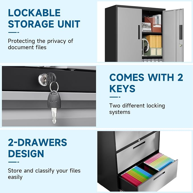 2-Drawer Metal File Cabinet, Lateral Filing Cabinets - Image 7