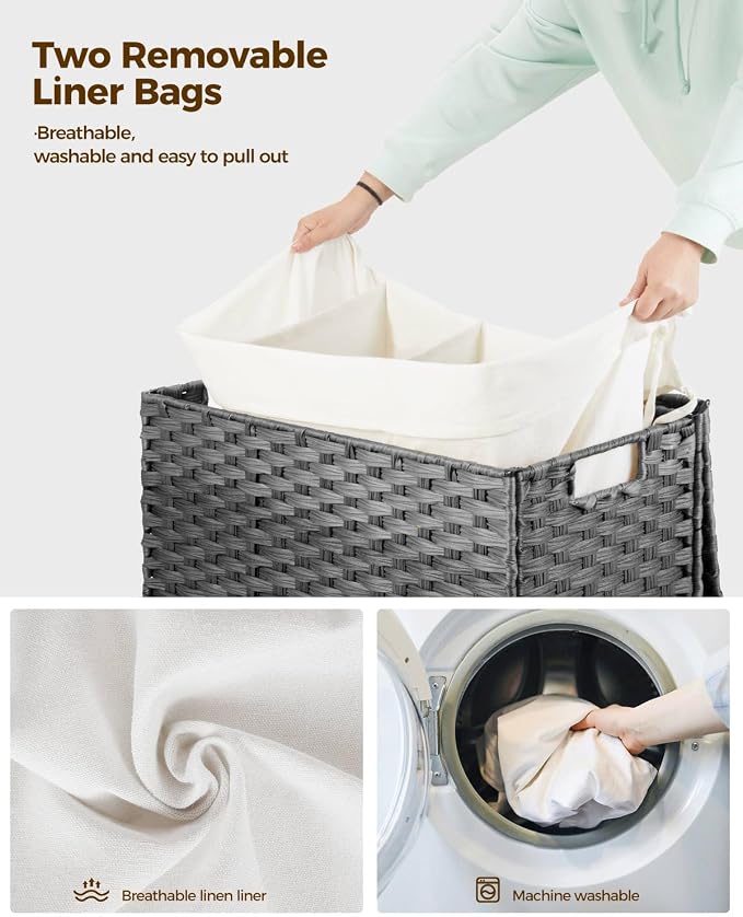GREENSTELL Laundry Hamper with Wheels&Lid, 130L Large 3 Sections Clothes Hamper - Image 4