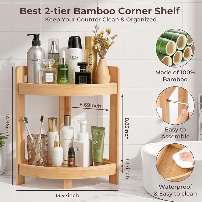 2026 New Bamboo Standing Shelf, 2 Tier Corner Shelf Stand, bathroom - Image 2