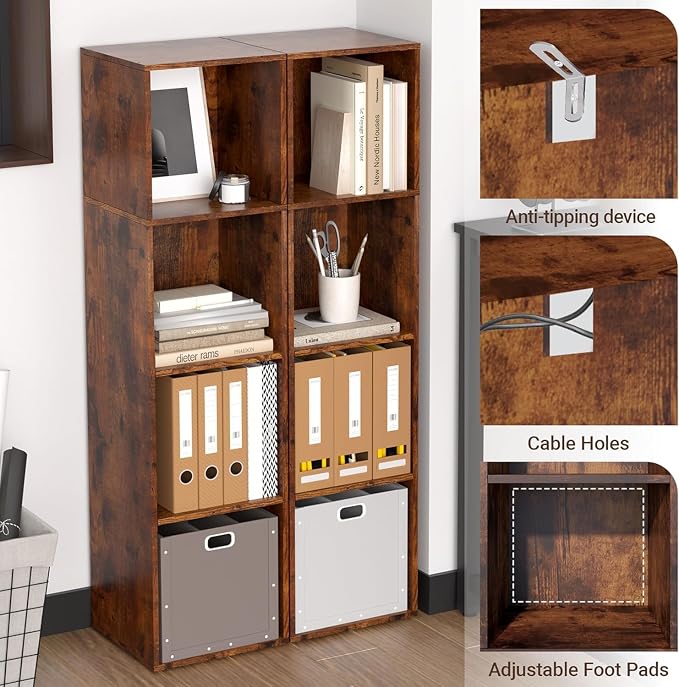 Cube Storage Organizer, 4 Cube Retro Bookshelf, Freestanding 4 Tier Open Shelf - Image 5
