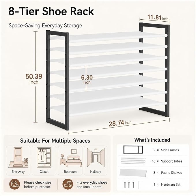 8-Tier Tall Shoe Rack, Stackable Zero-Wobble Metal Frame - Image 2