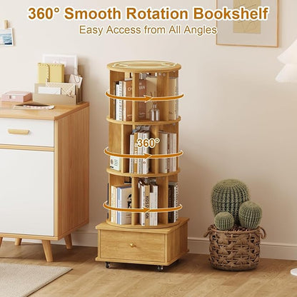 Rotating Bookshelf with Drawers on Lockable Wheels Wood Oak | 4 Tier Spinning - Image 3