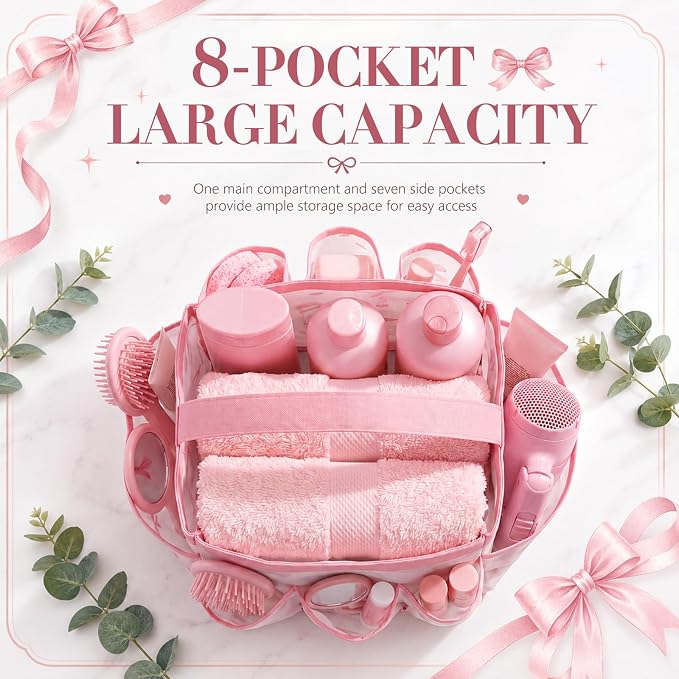 Pink Bow Mesh Shower Caddy for College Dorm Room, Coquette Preppy Hanging - Image 3