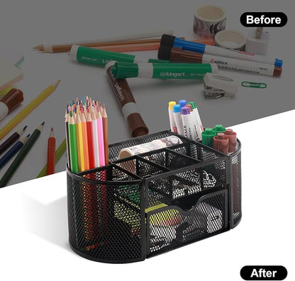 Comix Mesh Pen Pencil Holder Desk Organizer, 8 Compartment and 1 Drawer Wire - Image 3
