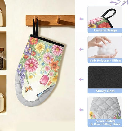 Heat Resistant Oven Mitts, Spring Flowers Floral Butterflies Kitchen Gloves - Image 4