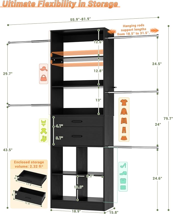 Besiost Small Closet System, 3.2-6.8FT Small Closet Organizer - Image 3
