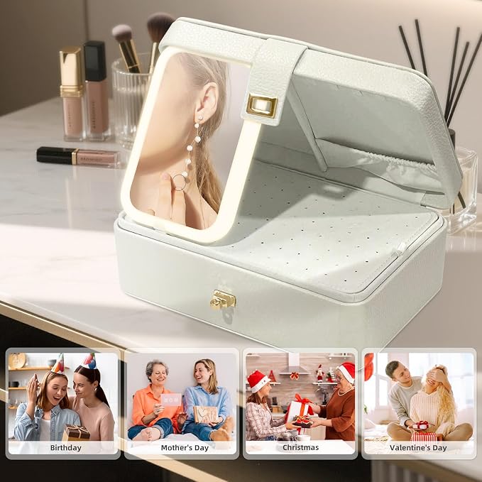 LED Jewelry Box with Mirror- Jewelry Organizer with Movable Compartment Pieces - Image 8
