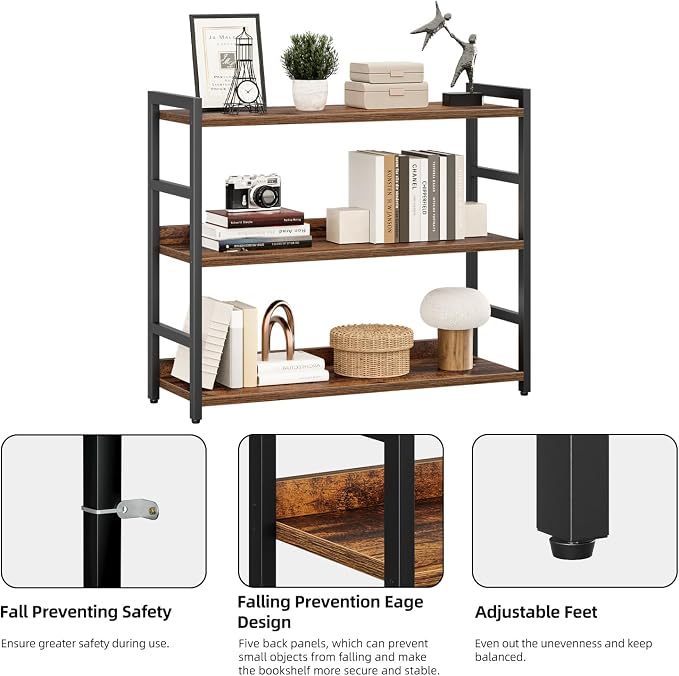 NUMENN Wide Bookshelf, 3 Tier Freestanding Shelving Unit, Vintage | Metal Frame - Image 6