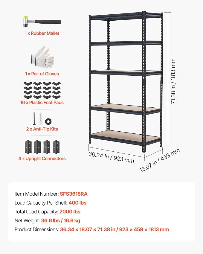 VEVOR Storage Shelves, 5-Tier Adjustable, 2000 lbs Capacity, Heavy Duty Garage - Image 8