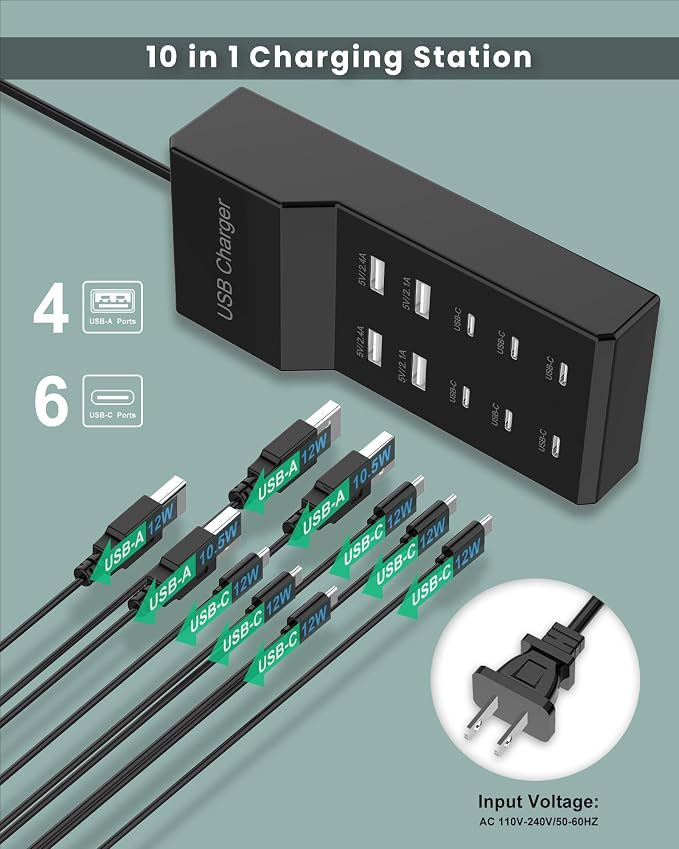 USB C Charger Block 10-Port USB-C Charging Station 6 USBC Ports & 4 USB-A Ports - Image 2