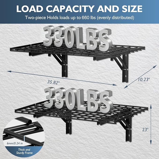 Folding Garage Wall Shelves, 660 lbs Capacity Space Saving Floating Racks - Image 3