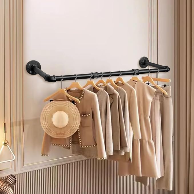 Industrial Iron Pipe Clothes Hanging Bar DIY Wall-Mounted Garment Rack Heavy - Image 8