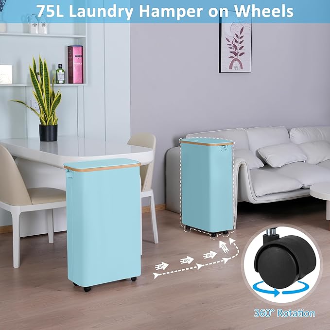 efluky Laundry Basket with Wheels, Tall Rolling Laundry Hamper with Lid and - Image 2