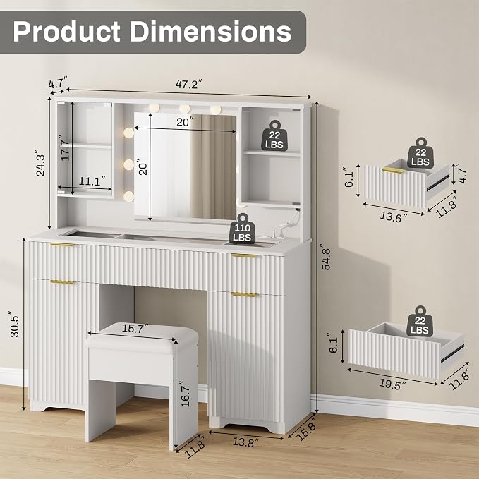 ONME Fluted Makeup Vanity Desk - Image 8