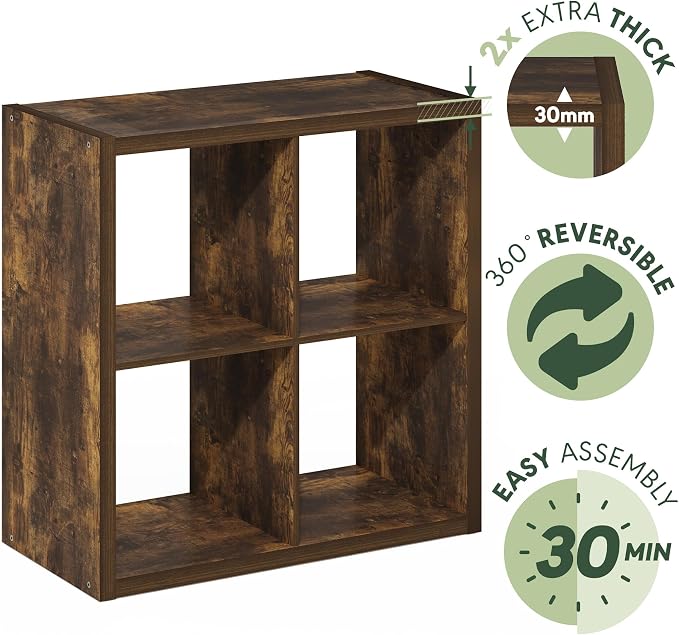 Furinno Cubicle 4-Cube Book Shelf, Extra Thick Frame Bookshelf, Amber Pine | - Image 7
