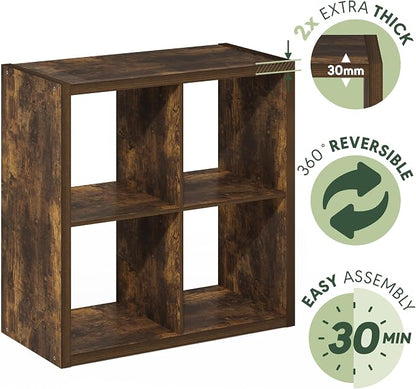 Furinno Cubicle 4-Cube Book Shelf, Extra Thick Frame Bookshelf, Amber Pine | - Image 7
