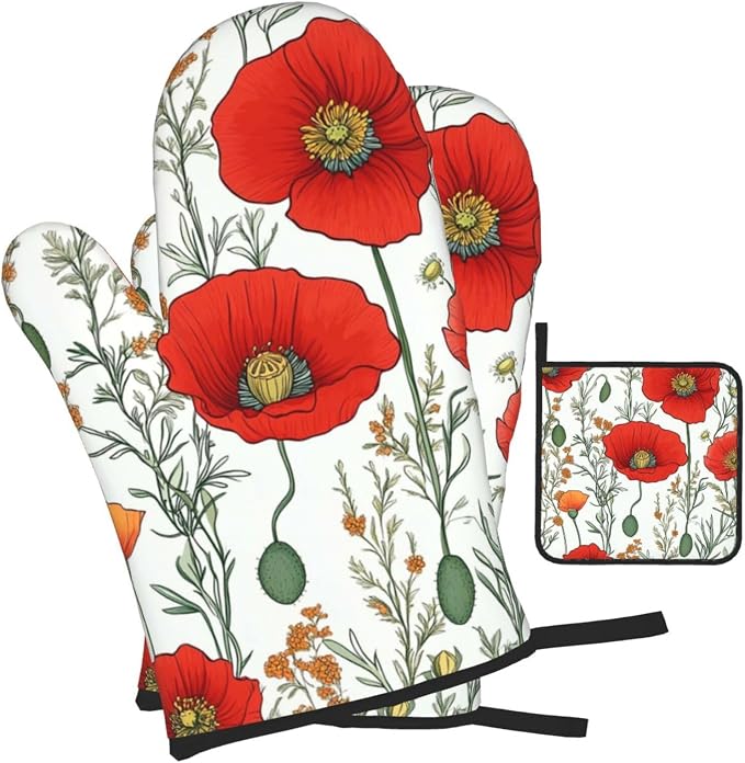 Oven Mitts and Pot Holders Sets of 3 Poppy Flower Pattern Oven Mitts 3 Pcs Heat by Unknown