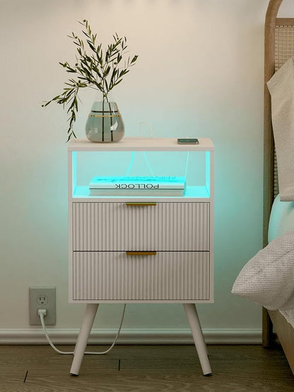 Nightstand with Charging Station and LED Lights, Modern Bedside Table with 2 - Image 8