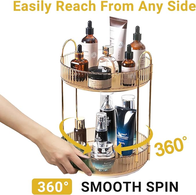 360 Rotating Gold Makeup Organizer, 2 Tier Large Capacity Rotating Makeup - Image 3
