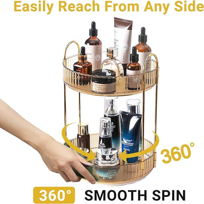 360 Rotating Gold Makeup Organizer, 2 Tier Large Capacity Rotating Makeup - Image 3