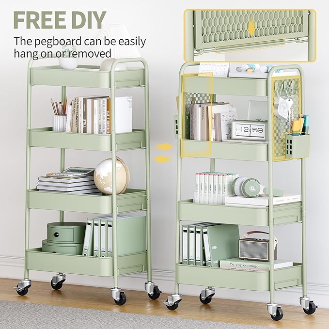 TOOLF 4 Tier Rolling Cart with Pegboard, Metal Storage Organizer Cart with - Image 3
