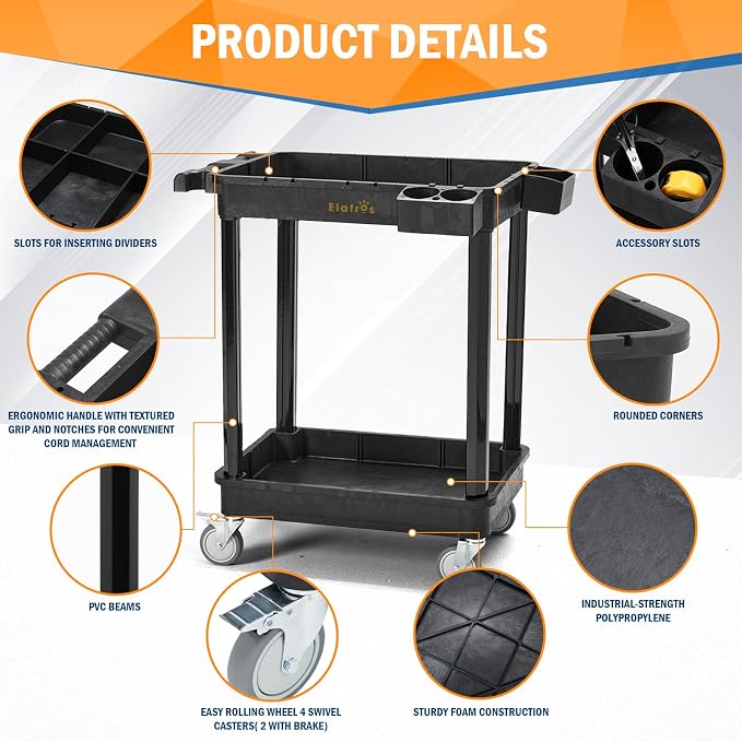 ELAFROS Heavy Duty 2-Shelf Utility Cart, 28x19 Inch, 330 lbs Capacity, - Image 3