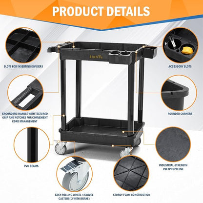 ELAFROS Heavy Duty 2-Shelf Utility Cart, 28x19 Inch, 330 lbs Capacity, - Image 3