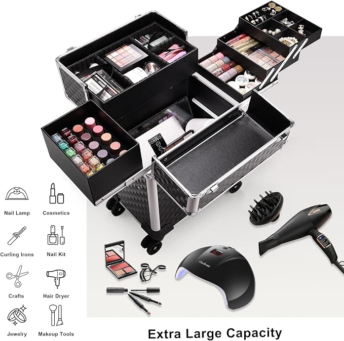 Stagiant Rolling Makeup Train Case Large Storage Cosmetic Trolley 4 Tray - Image 2