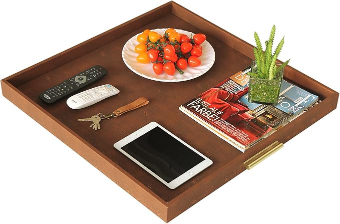 HofferRuffer Extra Large Square Serving Tray, Elegant Faux Leather Ottoman Tray - Image 4