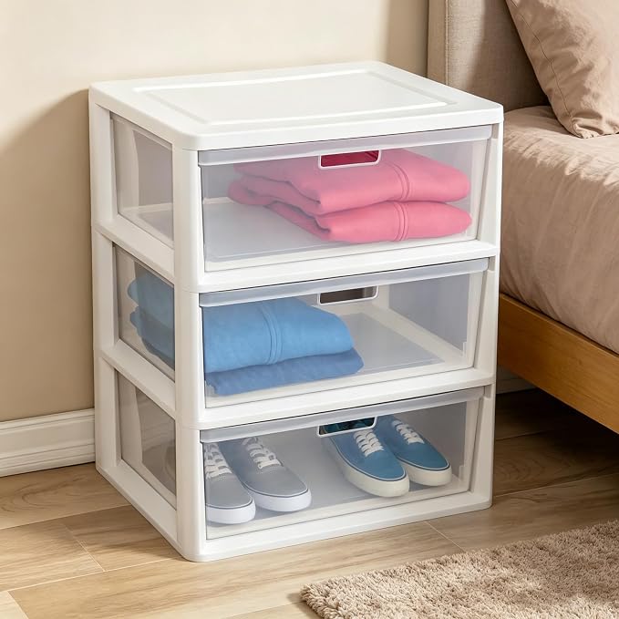 White Wide 3-Drawer Storage Tower, Plastic Organizer Unit - Image 5