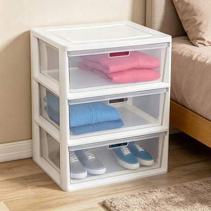 White Wide 3-Drawer Storage Tower, Plastic Organizer Unit - Image 5